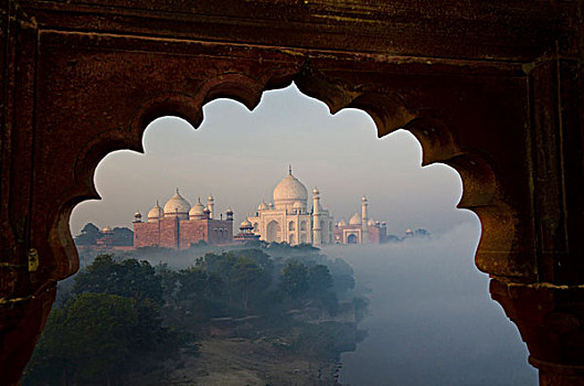 泰姬陵,世界遗产,室外,晨雾,上方,河,北方邦,印度,亚洲