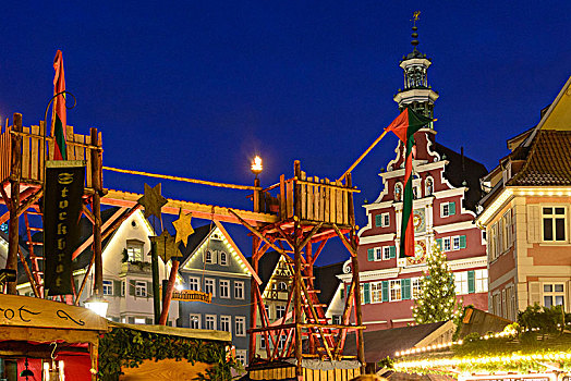 埃斯林根,内卡河,中世纪,圣诞市场,市政厅,市场,区域,斯图加特,巴登符腾堡,德国