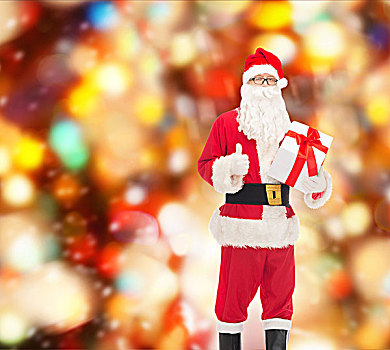 圣诞节,休假,人,概念,男人,服饰,圣诞老人,礼盒,展示,竖大拇指,手势,上方,红灯,背景