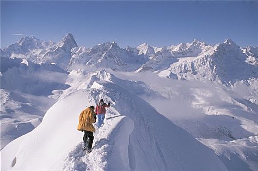 瑞士,瓦莱,勃朗峰,远足者,攀升,背影