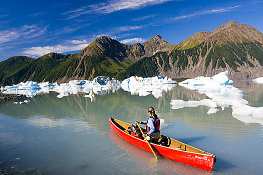 女性,独木舟浆手,短桨,冰山,湖,靠近,奇奈峡湾国家公园,肯奈半岛,阿拉斯加,夏天