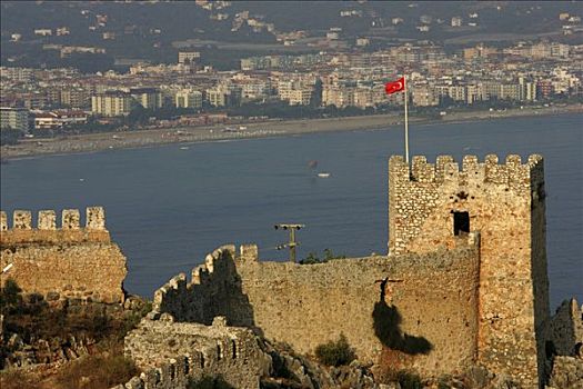 土耳其,阿兰亚,里维埃拉,墙壁,羽衣甘蓝,要塞,高处,城市