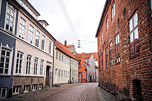 老,建筑,街道,丹麦,橙色,涂绘,房子,结束