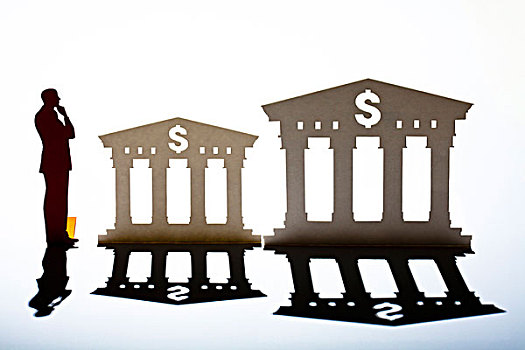 小雕像,商务人士,站立,旁侧,两个,模型,银行
