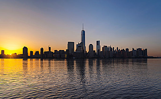 剪影,风景,曼哈顿,金融区,天际线,日落,纽约,美国
