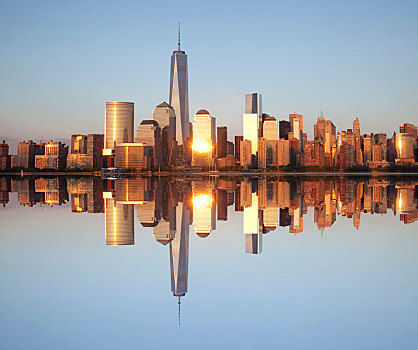 天际线,下曼哈顿,反射,平静,哈得逊河,摩天大楼,一个,世贸中心,中心,纽约,美国