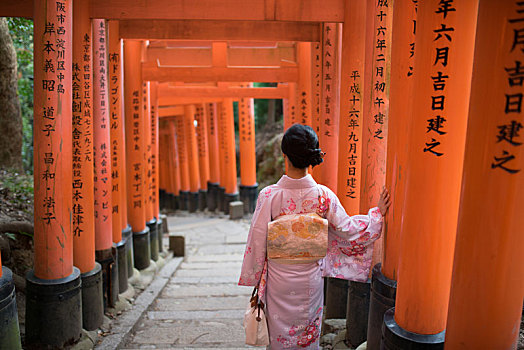 一名穿着和服的亚洲女性走在日本京都著名的伏见稻荷大社千本鸟居中