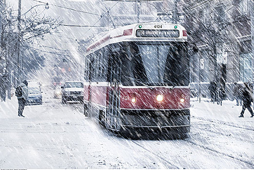 有轨电车,雪中,风暴,多伦多,安大略省,加拿大