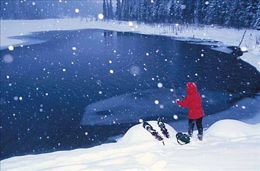 女人,湖,飞钓,下雪,肖像