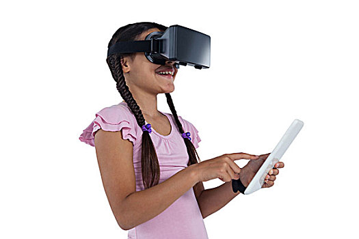 少女,虚拟现实,耳机,数码,白色背景