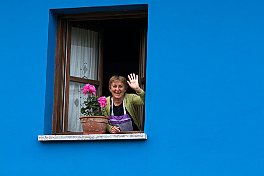 西班牙人,女人,问好,窗户,家,阿斯图里亚斯,西班牙