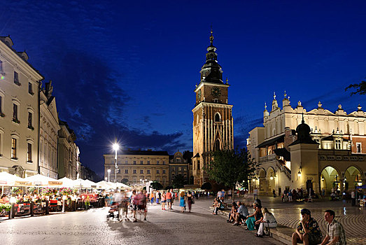 市场,广场,布,市政厅,塔,夜景,历史,中心,克拉科夫,波兰,欧洲