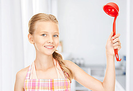 小,主妇,红色,长柄勺,厨房
