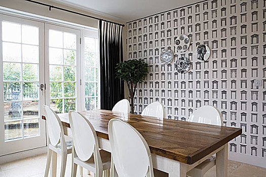 木质,餐桌,白色,塑料,椅子,房间,黑白,壁纸,建筑,设计