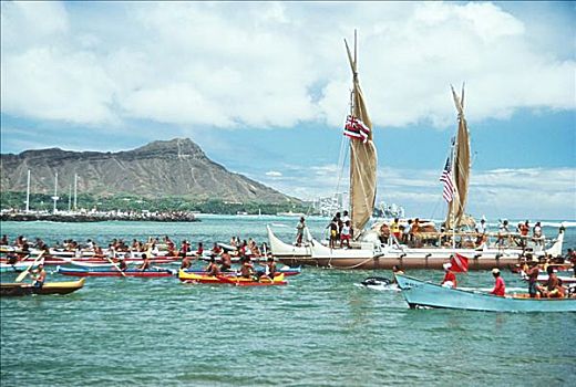 夏威夷,瓦胡岛,怀基基海滩,护从,船,独木舟,钻石海岬,后面,商业,使用