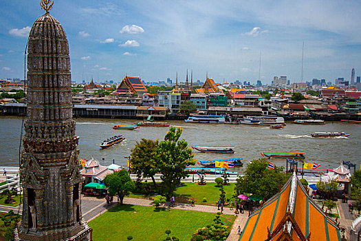 郑王庙鸟瞰泰国曼谷城市及媚功河