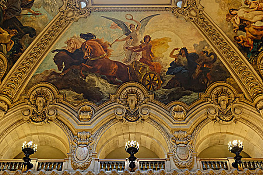 大厅,壁画,华丽,天花板,加尼叶歌剧院,巴黎,法国,欧洲