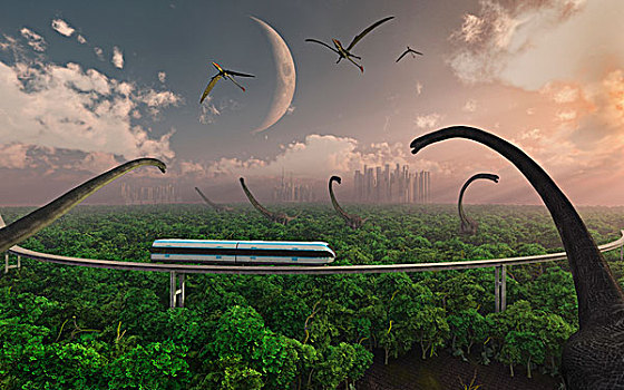 未来,概念,单轨铁路,乘,恐龙,公园