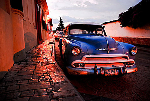 蓝色,老爷车,夜晚,圣克里斯托瓦尔,房子,墨西哥