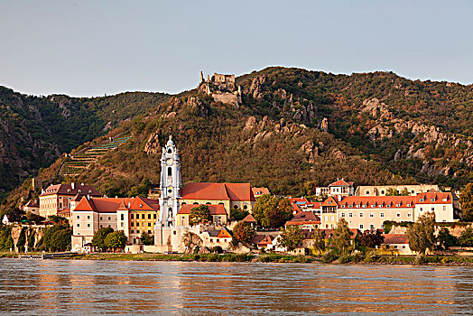 风景,上方,多瑙河,教区教堂,城堡遗迹,瓦绍,联合国文化遗产,奥地利,欧洲