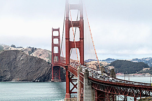 俯拍,金门大桥,上方,湾,水,天空,旧金山,加利福尼亚,美国