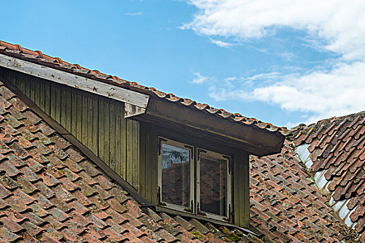窗户,老,瓦屋顶,蓝天