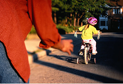 后视图,父母,教育,女儿,乘,自行车