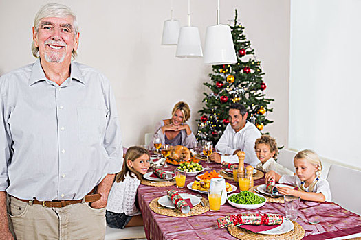 微笑,爷爷,站立,餐桌,圣诞节