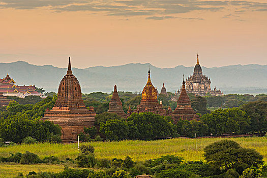 缅甸,蒲甘,日落,上方,庙宇