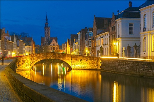 夜晚,运河,布鲁日,比利时