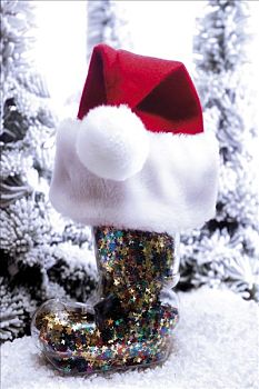 靴子,圣诞节,帽,雪地