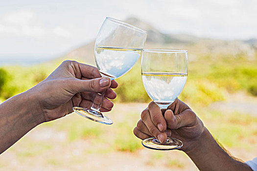 情侣,碰杯,葡萄酒杯,户外