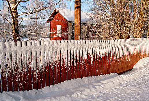 雪冠,房子,后面,栅栏,瑞典