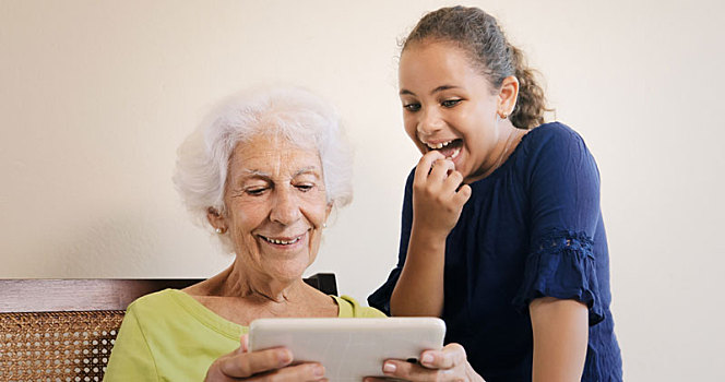 老年,女人,孙,平板电脑,互联网