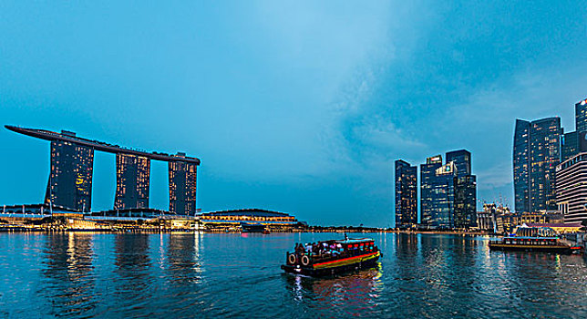 船,新加坡河,黄昏,码头,湾,沙,酒店,金融区,后面,黃昏,新加坡,亚洲