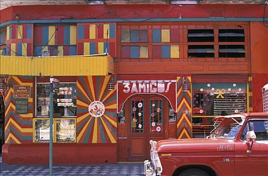 阿根廷,布宜诺斯艾利斯,正面,墙壁,涂绘,红色,橙色,意大利,餐馆,老爷车