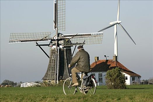 历史,风车,现代,风轮机,背景,弗里斯兰省,荷兰,欧洲