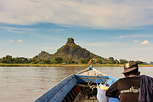 河,石头,风景,渡船,乘客,克伦邦,缅甸