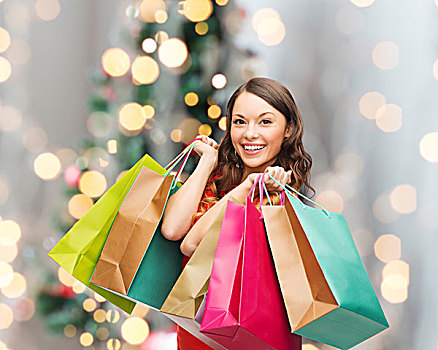 销售,礼物,休假,人,概念,微笑,女人,彩色,购物袋,上方,客厅,圣诞树,背景