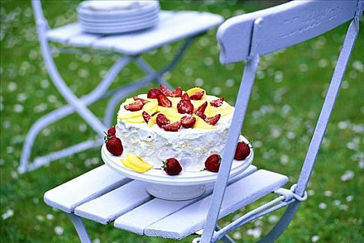 草莓,芒果,糕饼,花园椅