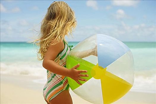 夏威夷,瓦胡岛,小女孩,姿势,海滩,水皮球