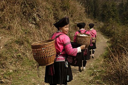 女人,少数民族,篮子,传统服装,特色,发型,靠近,龙胜,广西,中国,亚洲