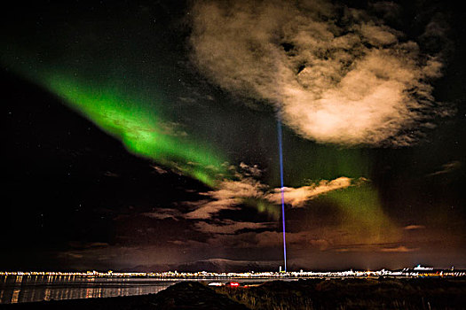 北极光,想像,和平塔,雷克雅未克,冰岛