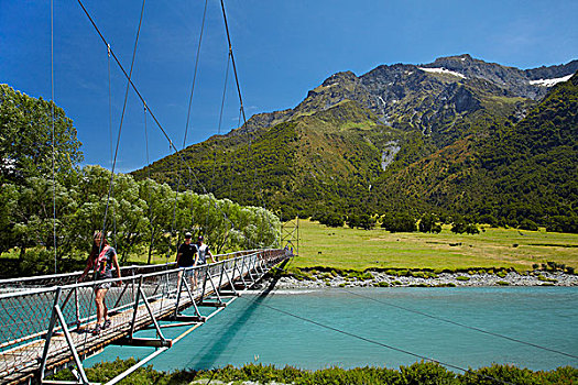 人,吊桥,上方,河,西布朗奇,山谷,靠近,瓦纳卡,奥塔哥,南岛,新西兰
