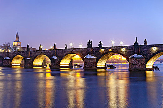 捷克,共和国,布拉格,光亮,桥,黃昏,冬天