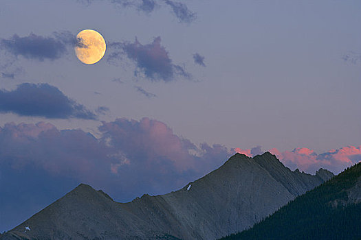 月亮,上方,山峦,加拿大,落矶山,班芙国家公园,艾伯塔省
