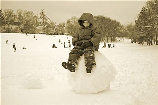 男孩,坐,大,雪球