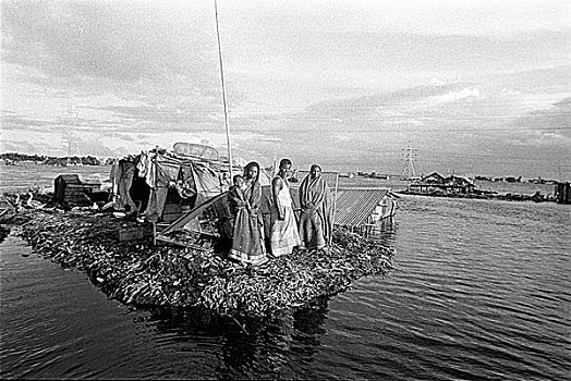家庭,洪水,区域,生活方式,筏子,水,风信子,许多人,无家可归,卧,达卡,孟加拉,2004年