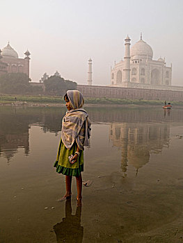 泰姬陵,印度,女孩,站立,河,后面