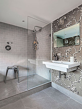 淋浴,区域,花,壁纸,优雅,浴室,灰色